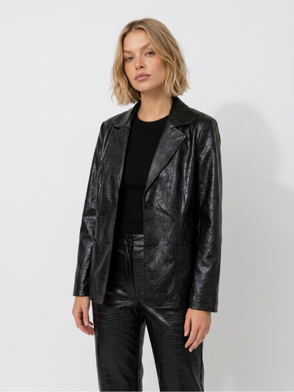 Croc-Embossed Black Faux Leather Blazer Jacket - Women